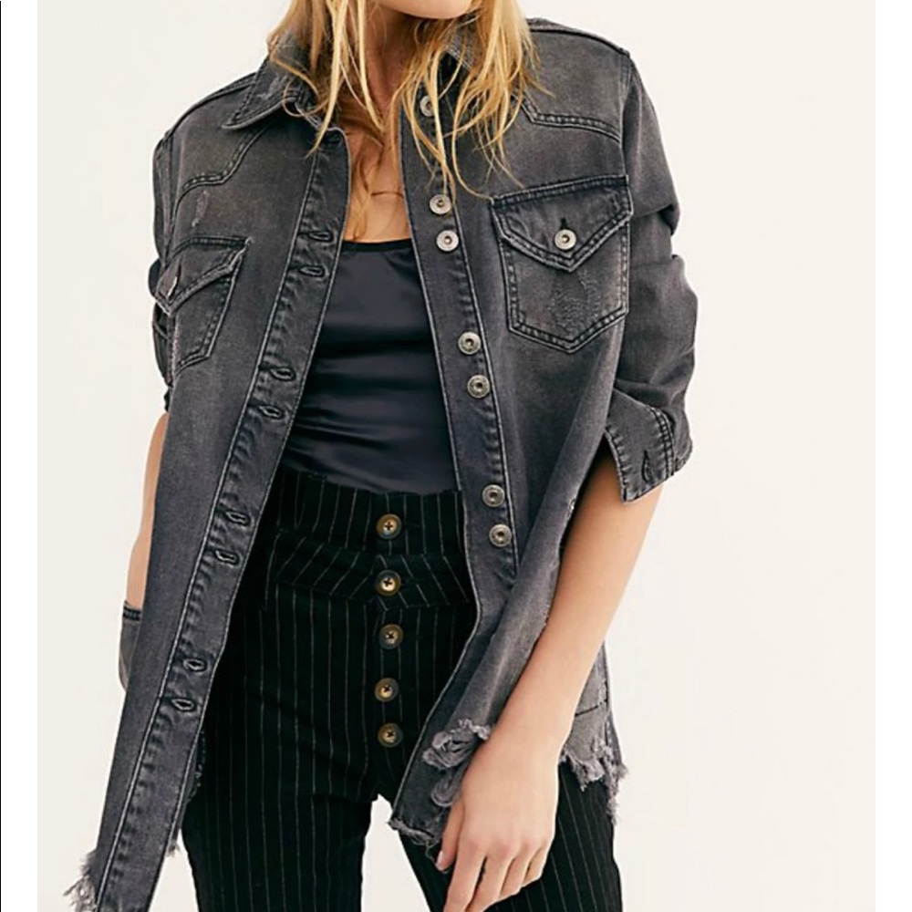 Free People Distressed Black Washed Jean Jacket